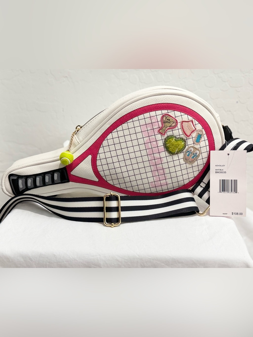 Betsey Johnson White & Hot Pink Tennis Racket Crossbody with Striped Strap
